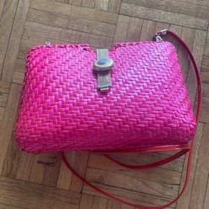Vintage Susan Gail Roberto Ricci Natural Wicker Clutch Strap pink cross body